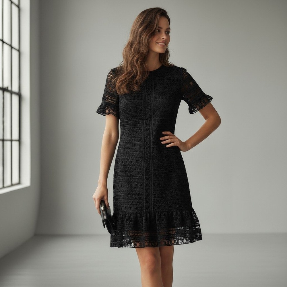 Kate Spade New York Black Lace Eyelet Shift Dress Ruffle Hem Size 00